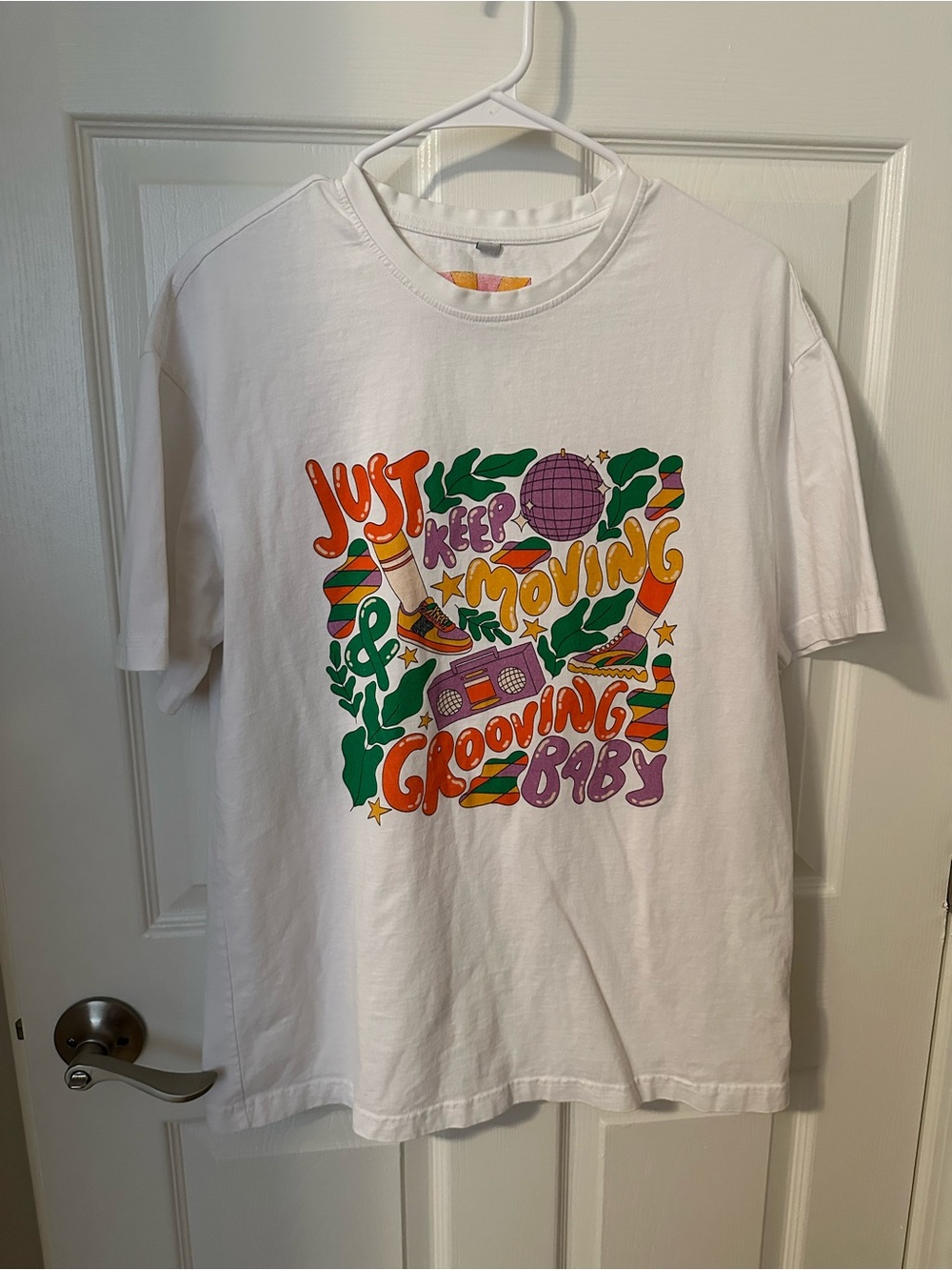 White Graphic Short-Sleeve Tee with Colorful Retro Print